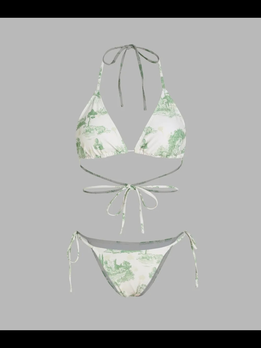 Green Toile Print Tie-Back Bikini Set